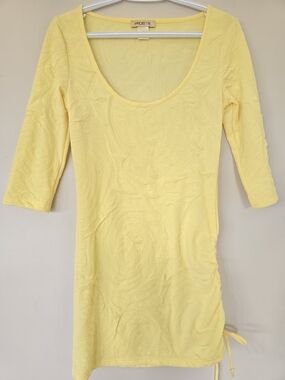 Arden B Yellow Mini Dress Side Tie. Scoop Neck. 3/sleeve. Small.